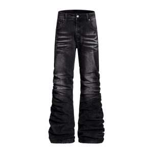 Niche design, heavy-duty pleated and gathered textured jeans for men, loose fit, trendy washed and distressed floor-length trousers.