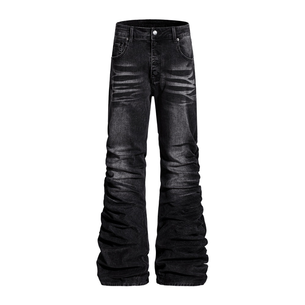 Niche design, heavy-duty pleated and gathered textured jeans for men, loose fit, trendy washed and distressed floor-length trousers.