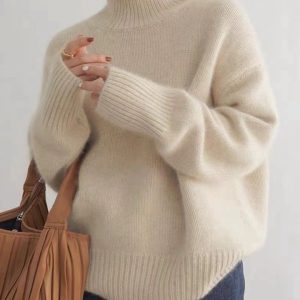 Customizable European and American cross-border high-neck sweater, 2026 autumn and winter loose-fitting versatile knit pullover style women's base layer.