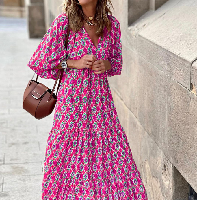 2023 Autumn New Arrival - Hot Selling Geometric Print Puff Sleeve Dress - Street Style Must-Have Plus Size Women's Clothing - Image 12