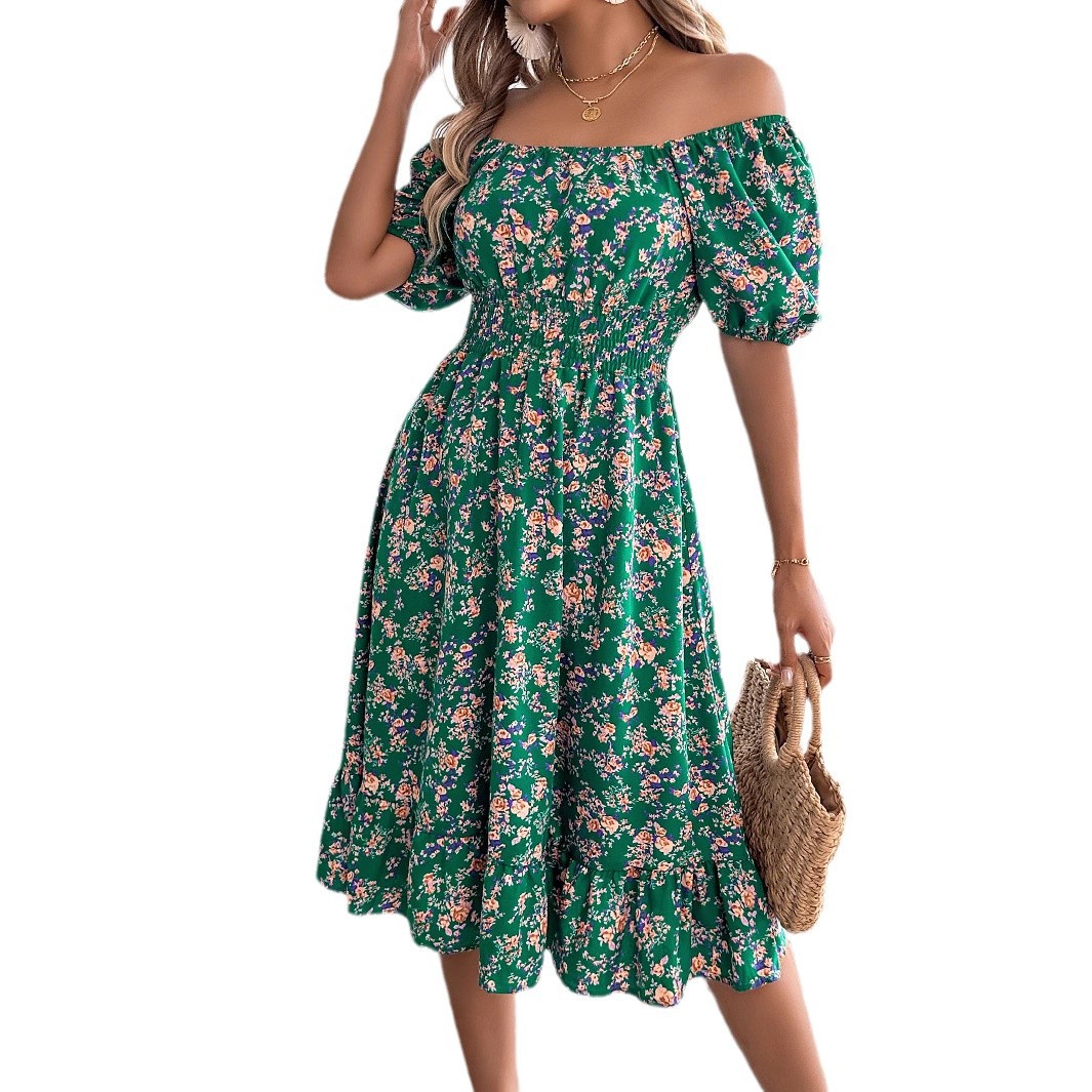 Real shot of 2026 Spring/Summer European and American style floral square neck short-sleeved fitted waist ruffle A-line skirt. Amazon cross-border women's clothing. - Image 5