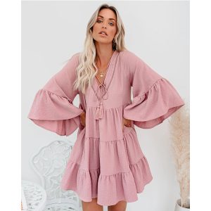 Cross-Border Foreign Trade 2020 Autumn and Winter Solid Color Lazy Tassel Tied V-neck Bell Sleeve Loose Lotus Leaf Dress