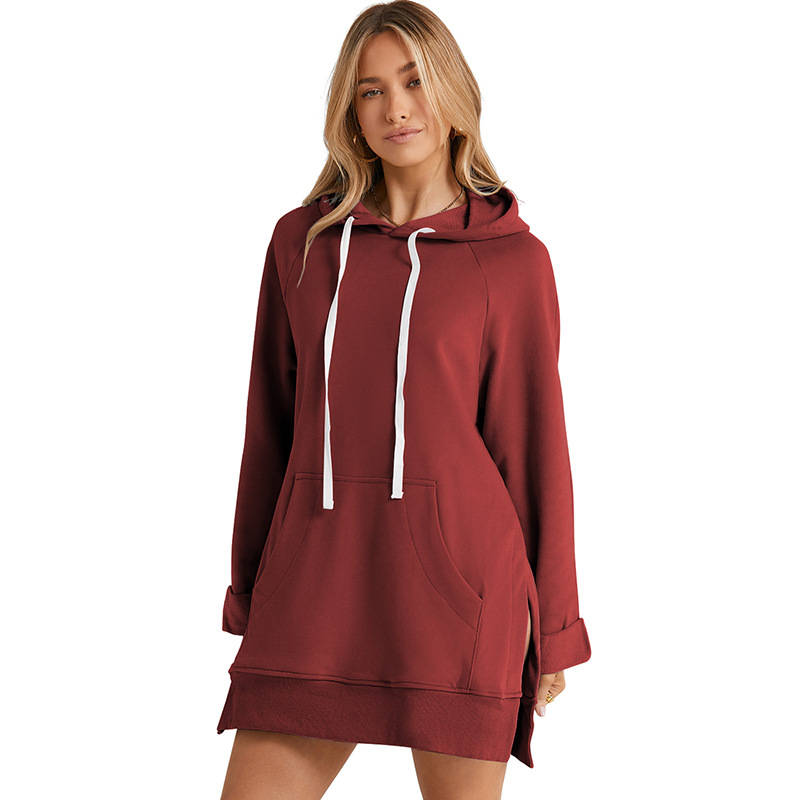 European and American fashion women's autumn and winter new solid color drawstring hooded sweatshirt women's mid-length loose slit top for women - Image 5