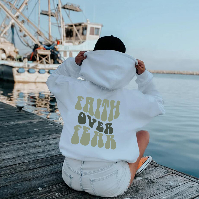 Foreign trade women's velvet sweatshirt plain letter print kangaroo pocket drawstring print hoodie - Image 2