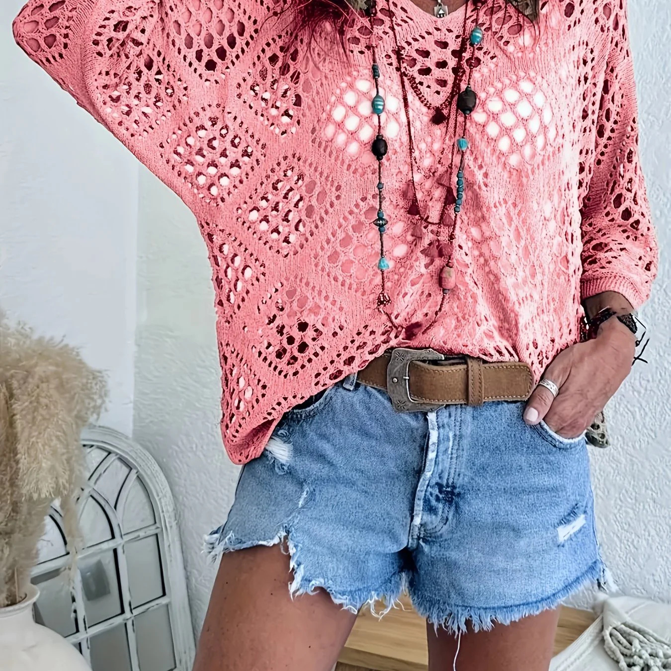 Cross-border e-commerce, Europe and America, Amazon Spring/Summer V-neck diamond-patterned openwork batwing sleeve women's sweater cover-up knitwear - Image 8