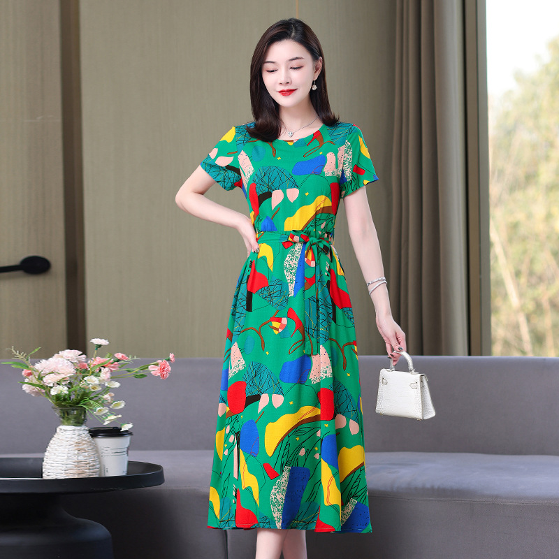 Artificial cotton silk dress women's clothing 2023 summer new middle-aged mother mid-length over-the-knee plus-size loose skirt - Image 8