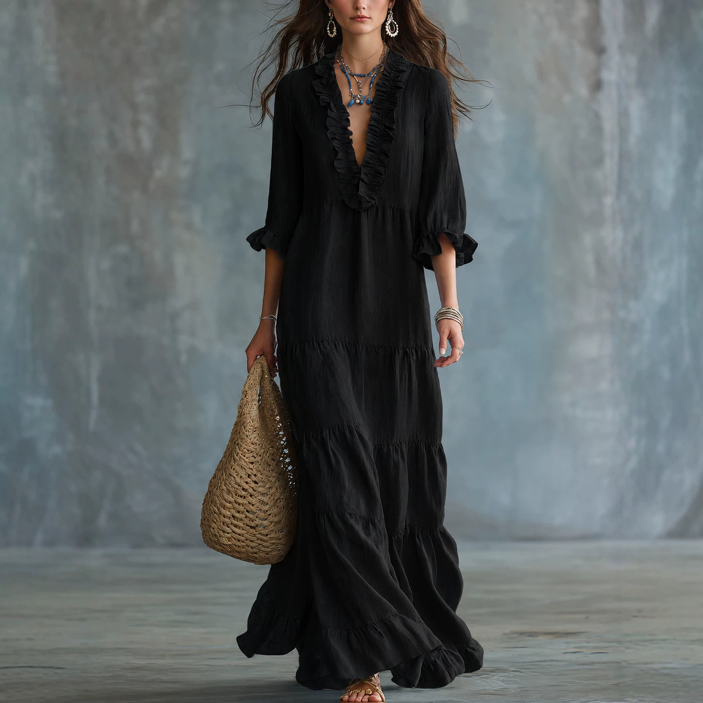 European and American cross-border Amazon TK women's bohemian V-neck layered casual flowy long ruffle dress - Image 3