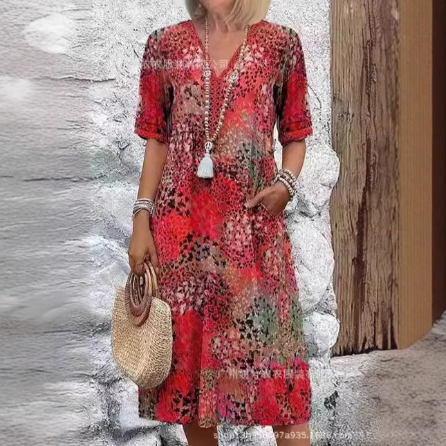 2025 European and American Fashion Cross-border New Casual Vacation Long Dress with Pockets and Lace Trim V-neck Short Sleeve Dress for Women - Image 3