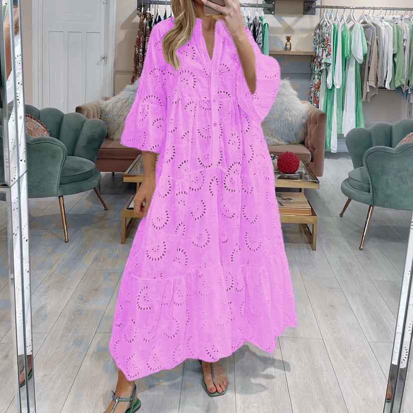 2023 Europe and America Cross Border Summer and Autumn French Style V-neck Bell Sleeve Lace Hollow-out Solid Color Sexy Long Dress for Women - Image 8