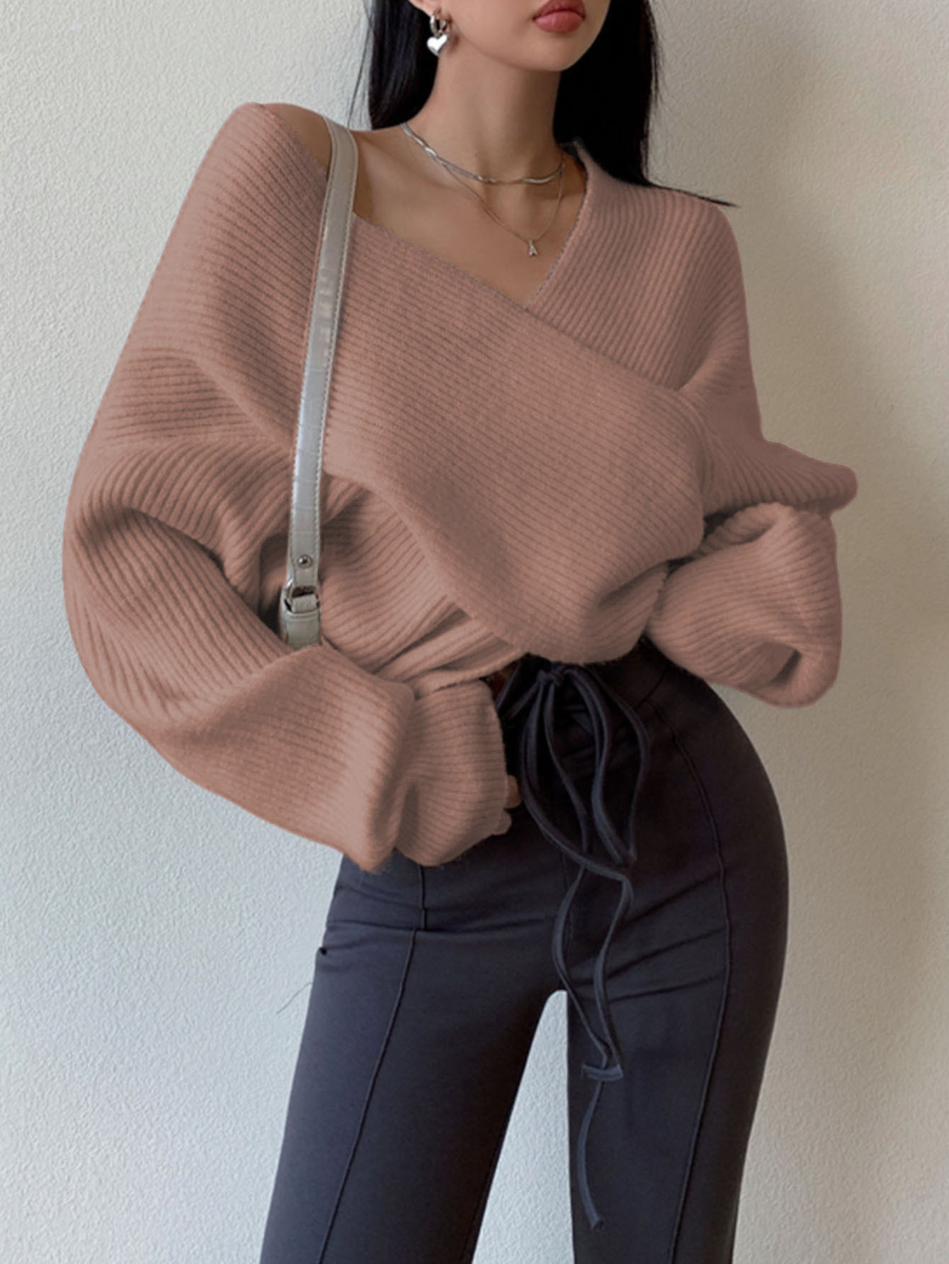 European and American cross-border autumn and winter off-shoulder crossover irregular sweater women's new loose short base knitwear - Image 15