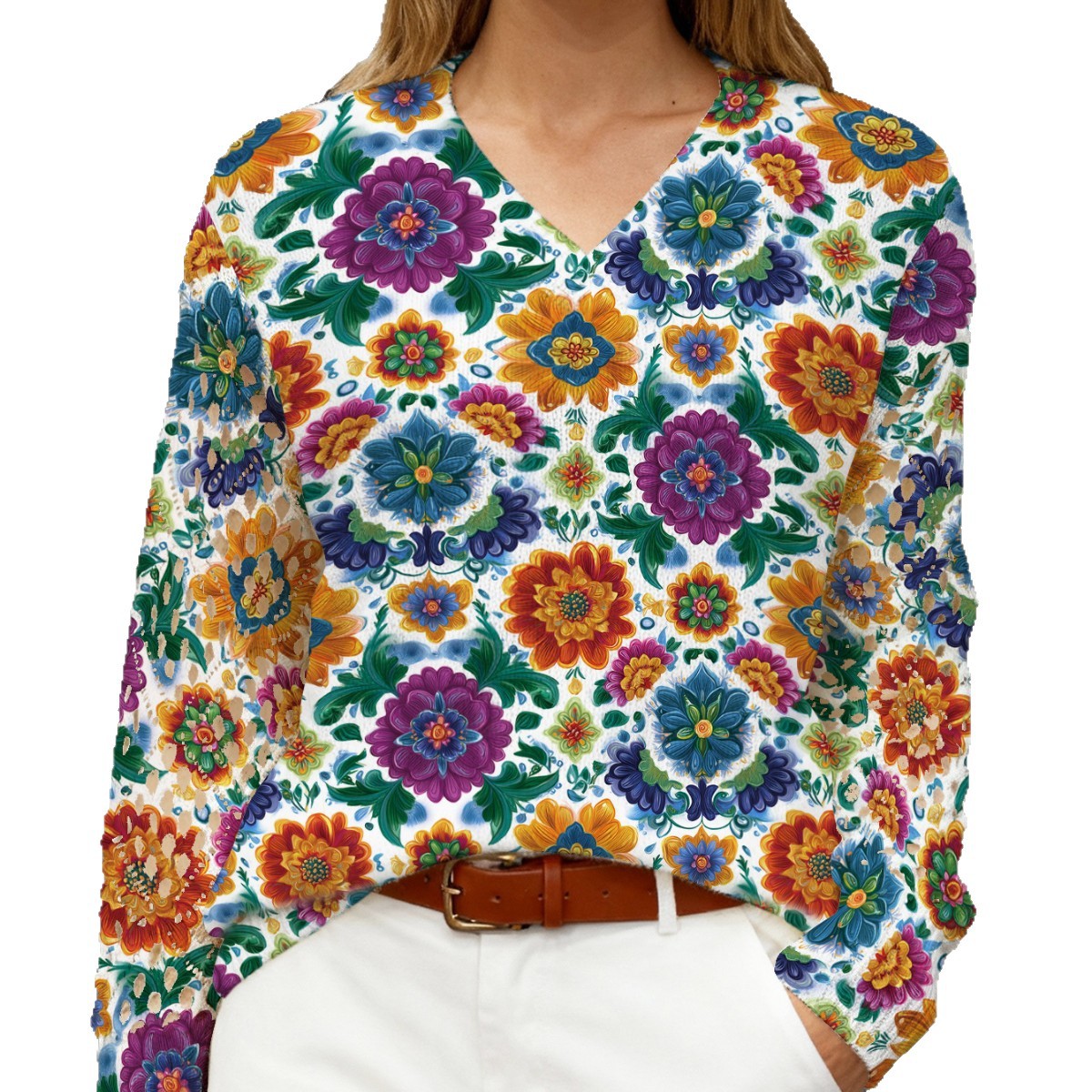 Cross-border AliExpress V-neck printed T-shirt, spring/summer T-shirt, retro pastoral style, all-over floral print, loose casual wholesale. - Image 5