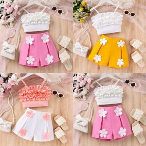 New summer girls' suits for children in Europe and America, multi-color lace suspender tops, flower shorts, two-piece suits