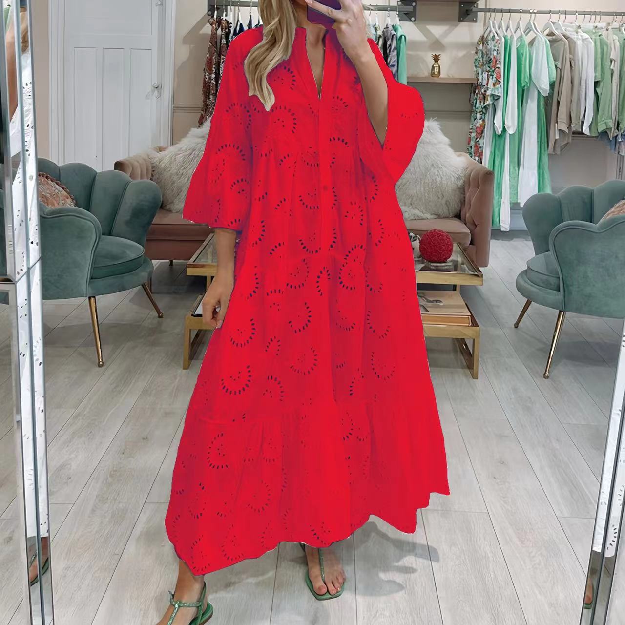 2023 Europe and America Cross Border Summer and Autumn French Style V-neck Bell Sleeve Lace Hollow-out Solid Color Sexy Long Dress for Women - Image 7