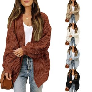 Amazon Foreign Trade Women's Lantern Sleeve Chunky Knit Cardigan 2025 Autumn/Winter New European and American Style Knitted Sweater Women's Outerwear Trendy