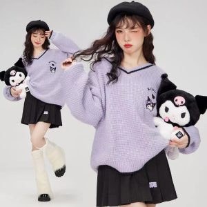 Kuromi Embroidered Sailor Collar Knit Sweater for Women, New Spring Style, Loose Fit, Cute, Sweet and Fresh