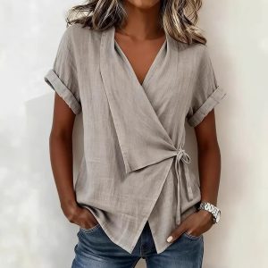 2026 Women's Casual Solid Color Short-Sleeve Top, New Style, Lapel Tie, Irregular Design, Available Now (Cross-Border, European & American, Amazon).