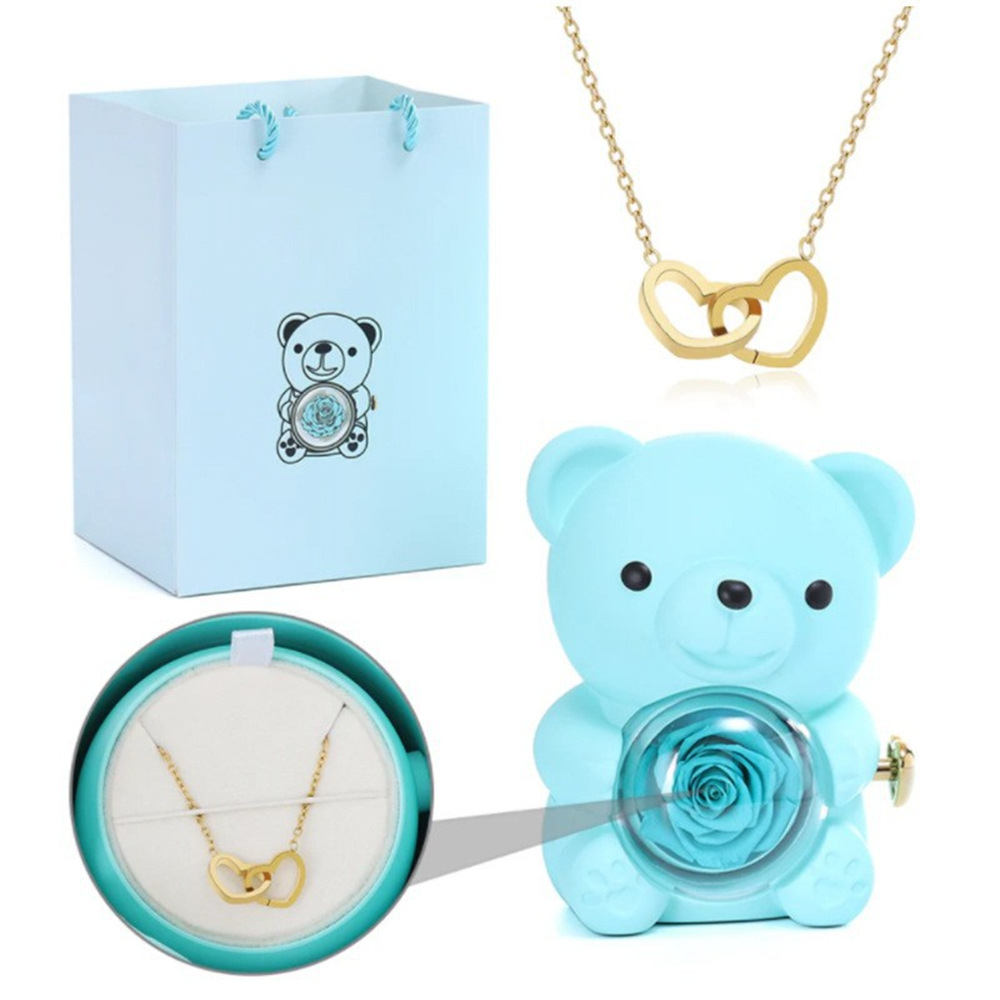 Engraved double heart rotating bear rose jewelry box, cuddly bear preserved flower gift box, rose necklace gift box - Image 10