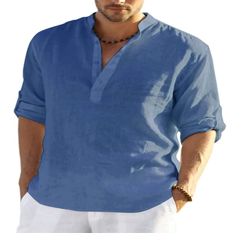 2022 foreign trade men's linen long-sleeved T-shirt loose undershirt solid color long-sleeved cotton and linen shirt men's large size dropshipping - Image 13