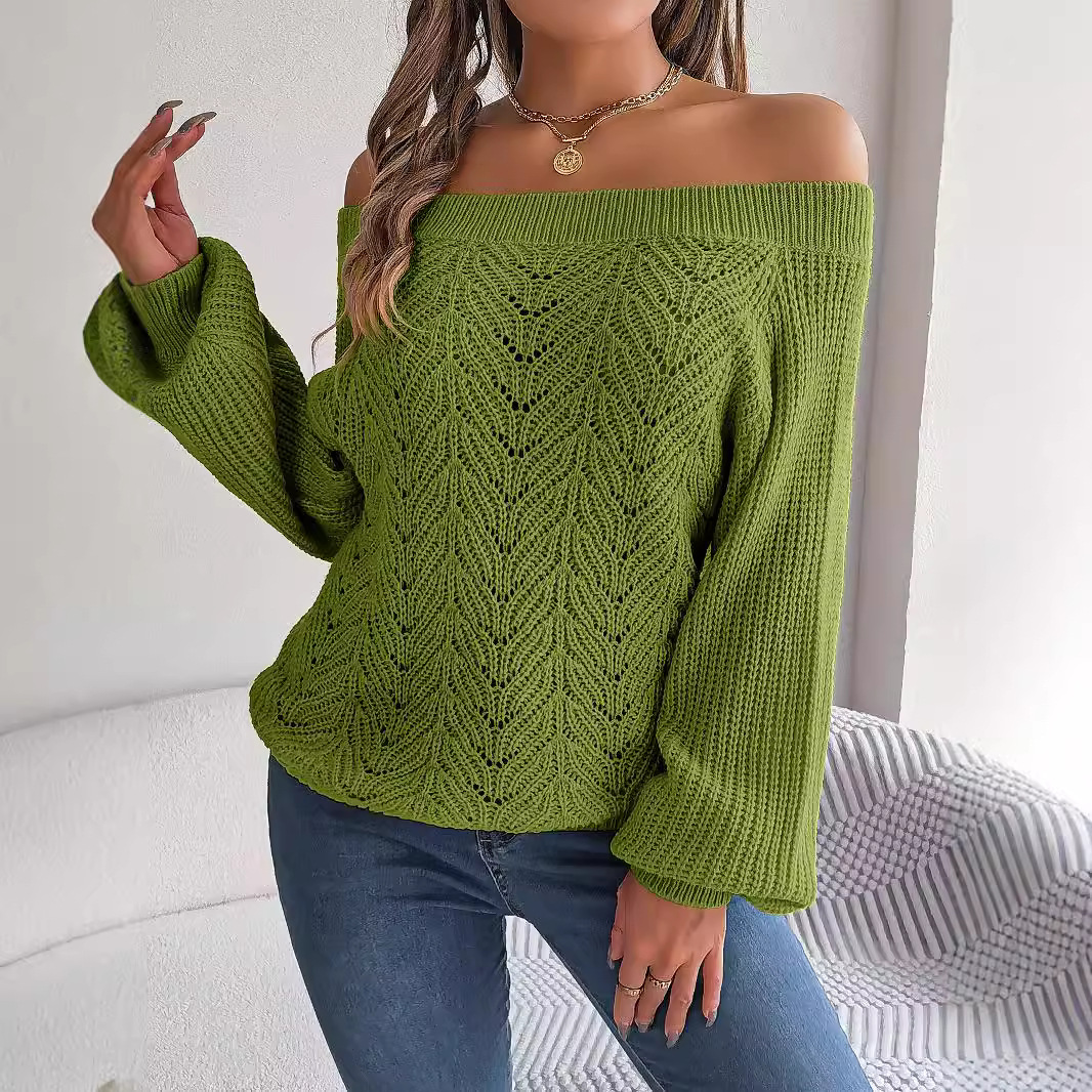 Real shot of 2025 Autumn/Winter casual solid color hollowed-out off-shoulder lantern sleeve sweater. Independent website cross-border women's clothing. - Image 3