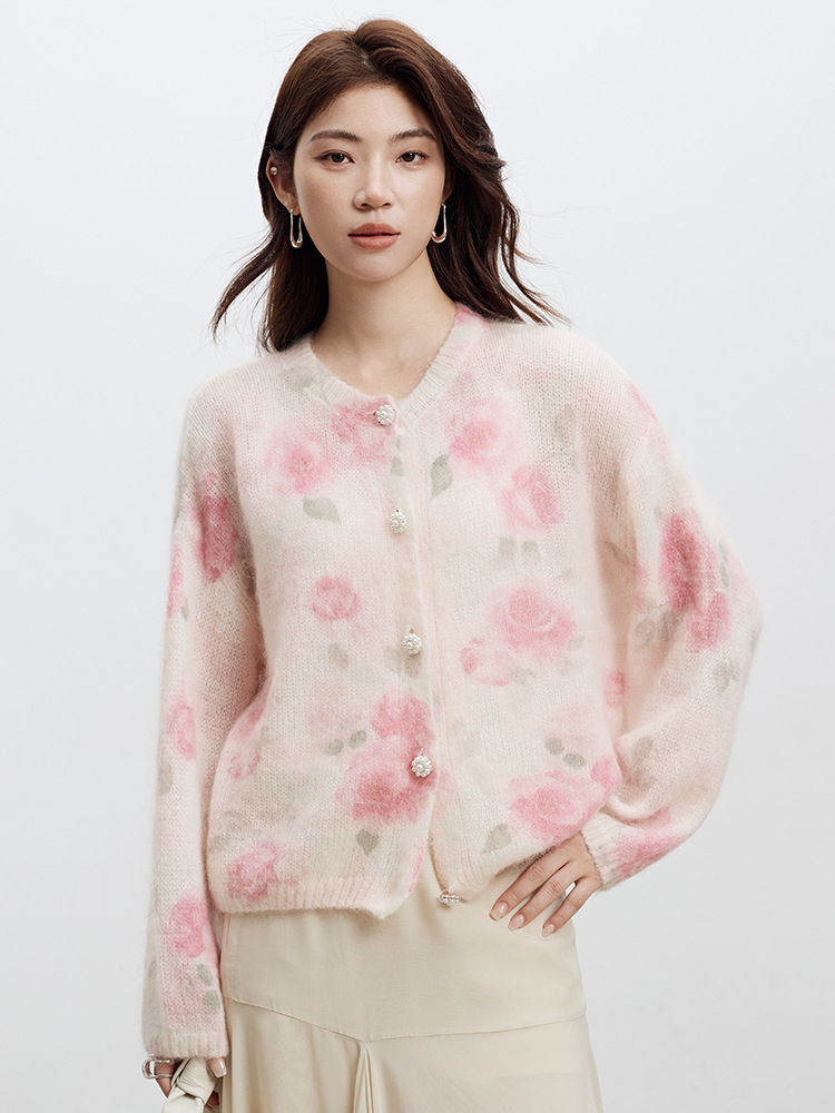 Rose Print Mohair Sweater Women's Long-Sleeved Knit Cardigan 2026 Spring New Style Soft and Loose Wool Coat - Image 3