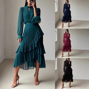 2025 European and American cross-border new solid color dress, Middle Eastern foreign trade ruffled pleated dress, midi skirt, Amazon.
