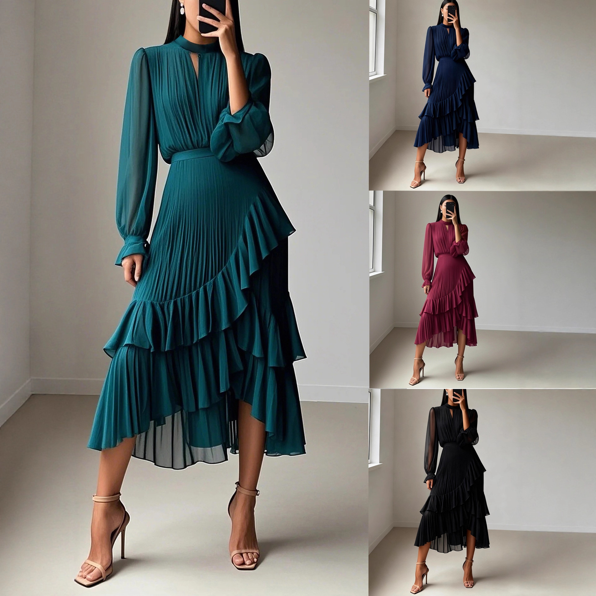 2025 European and American cross-border new solid color dress, Middle Eastern foreign trade ruffled pleated dress, midi skirt, Amazon.