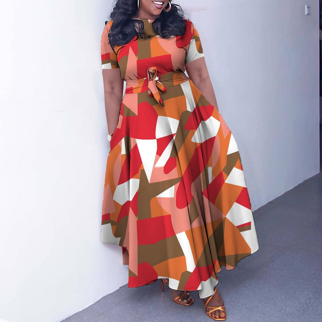 D3266 Cross-border Women's Clothing 2024 New Fashionable and Elegant Tie-waist Plus Size Short Sleeve Full Skirt Dress (Foreign Trade) - Image 2