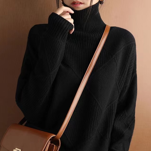 Turtleneck sweater for women 2024 new autumn and winter stitching thickened loose outer wear sweater knitted sweater inner wear bottoming shirt - Image 4