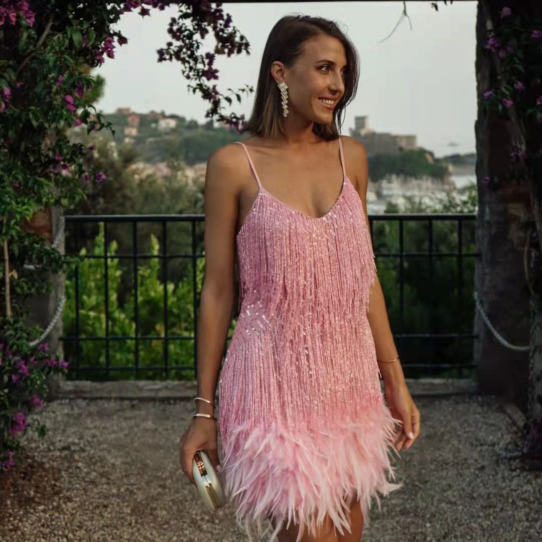 2026 Fashionable Tassel Sequin Multi-Colored Birthday Party Sexy V-Neck Suspender Feather Patchwork Dress - Image 8