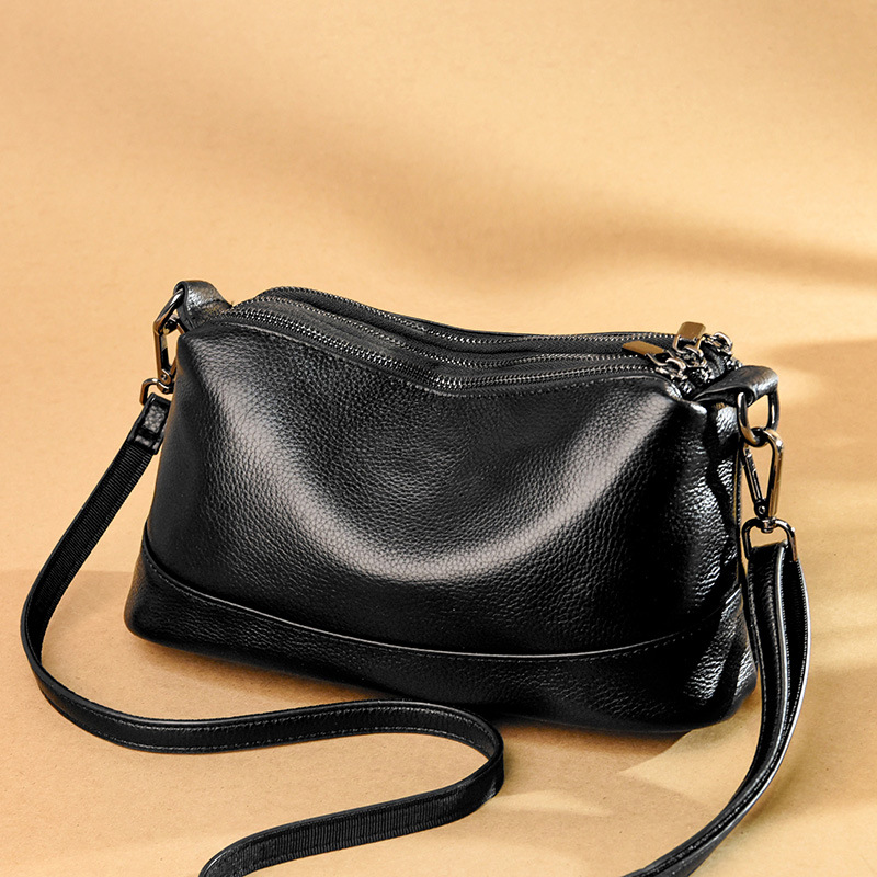 Messenger bag soft leather multi-layer zipper women's bag light luxury simple shoulder messenger bag first layer cowhide large capacity pillow bag