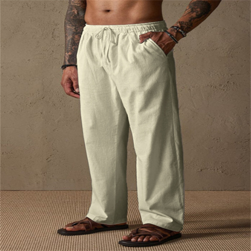 Cross-border European and American style men's linen drawstring solid color breathable outdoor loose casual straight leg cotton linen trousers - Image 4