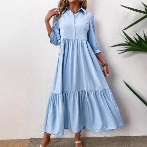 2026 Spring/Autumn New Style Women's Shirt Dress, Elegant, Fashionable, Casual, Lapel, Full Skirt