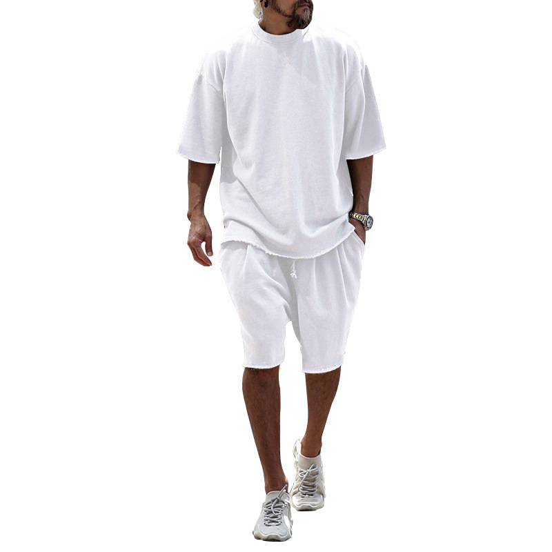 2025 Export Hot Selling Summer Solid Color Sports Suit Casual Loose Short-Sleeve Shorts European and American Trendy Fashion Men's Clothing - Image 4