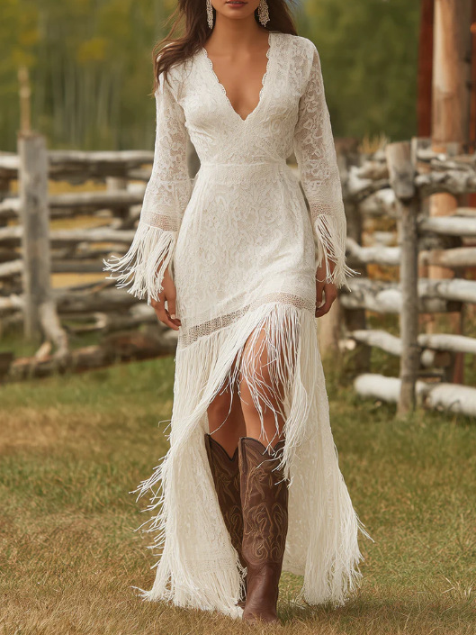 Retro white lace V-neck long-sleeved tassel short dress for European and American cross-border independent websites - Image 6