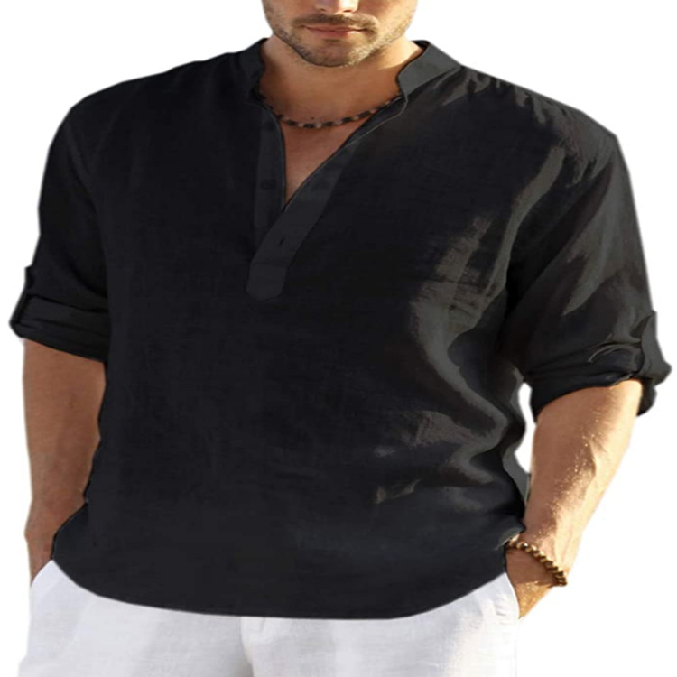 2022 foreign trade men's linen long-sleeved T-shirt loose undershirt solid color long-sleeved cotton and linen shirt men's large size dropshipping - Image 6