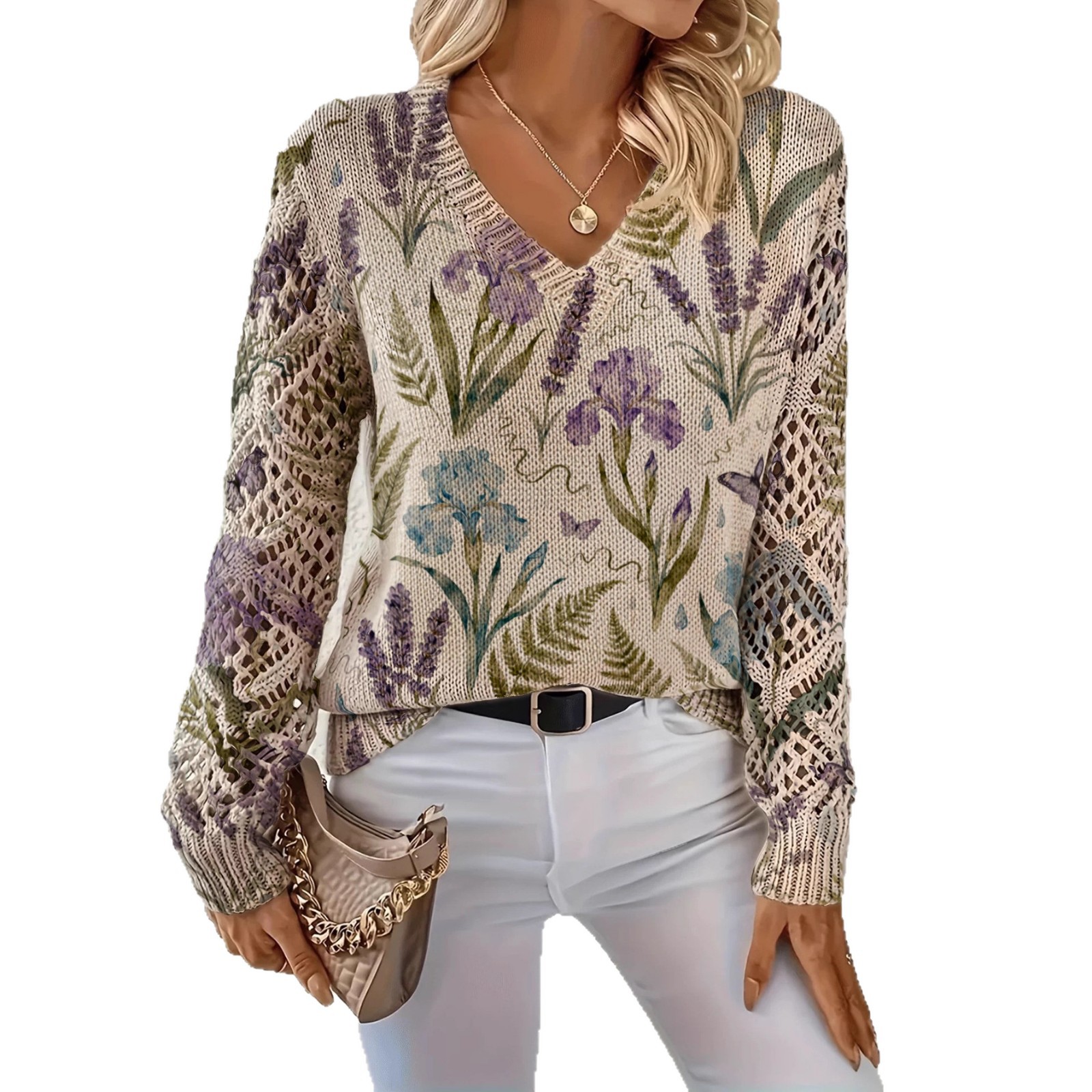 V-neck top, cross-border women's clothing, AliExpress, Bohemian style, Amazon pullover long-sleeved sweater, European and American style, floral print. - Image 6