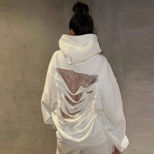 Cross-border European and American style 2025 autumn and winter new sexy backless lace patchwork loose casual hooded solid color sweatshirt for women