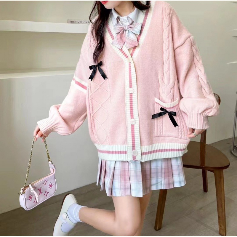 Bowknot sweater jacket for women autumn and winter loose 2024 new lazy style design age-reducing Japanese knitted cardigan - Image 2