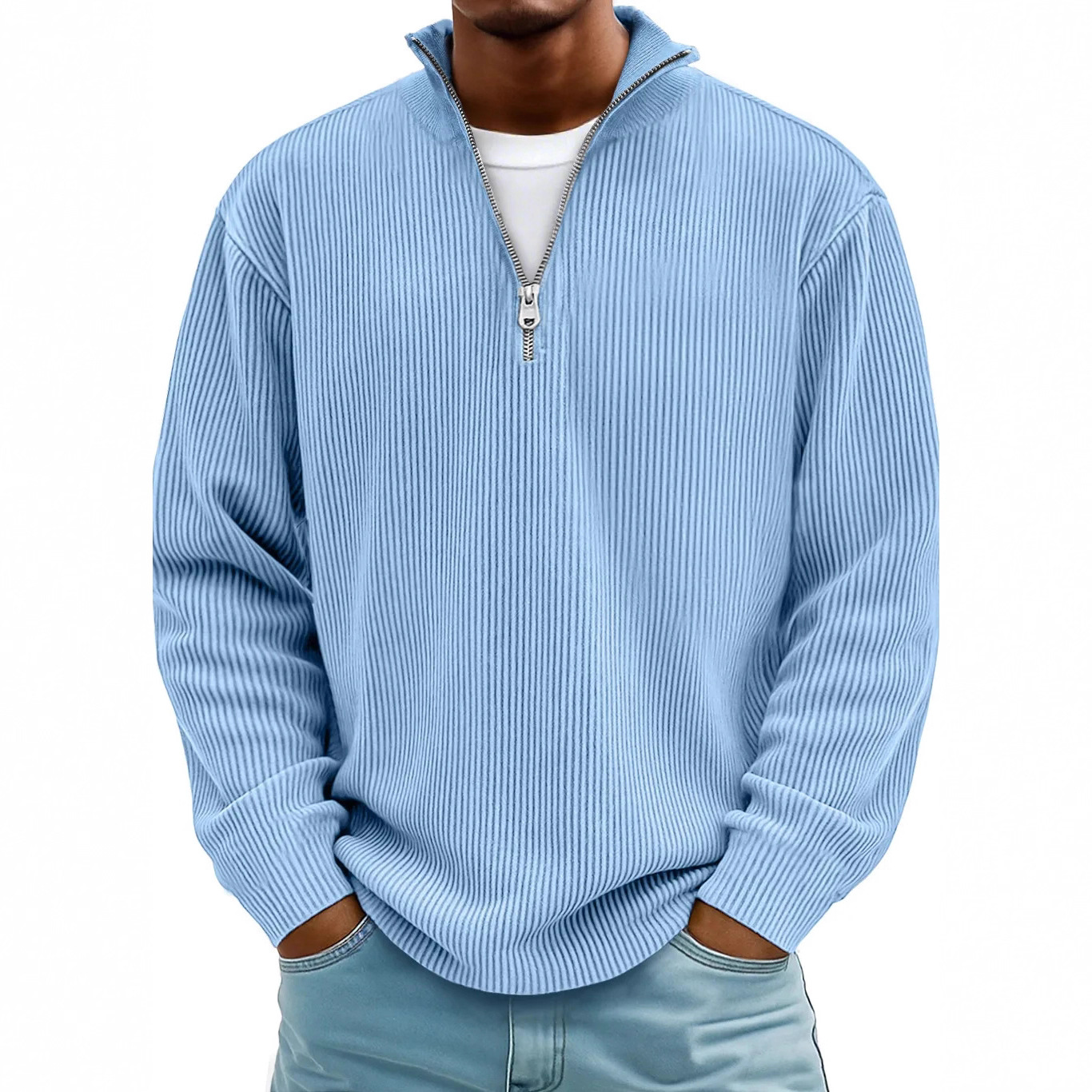 Amazon 2025 Fall/Winter New Men's Casual Stand Collar Zipper Corduroy Long Sleeve Polo Shirt/Sweatshirt