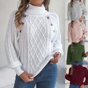 2025 Autumn/Winter Casual Solid Color Button Cable Knit High Neck Lantern Sleeve Pullover Sweater (Amazon Cross-Border Women's Clothing)
