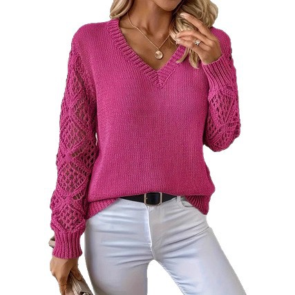 New European and American cross-border Xiyin long-sleeved top, solid color V-neck hollowed-out sweater - Image 5