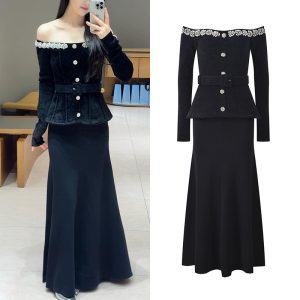 2025 autumn and winter new French lady one-shoulder diamond decoration waist slim long dress banquet dress long skirt