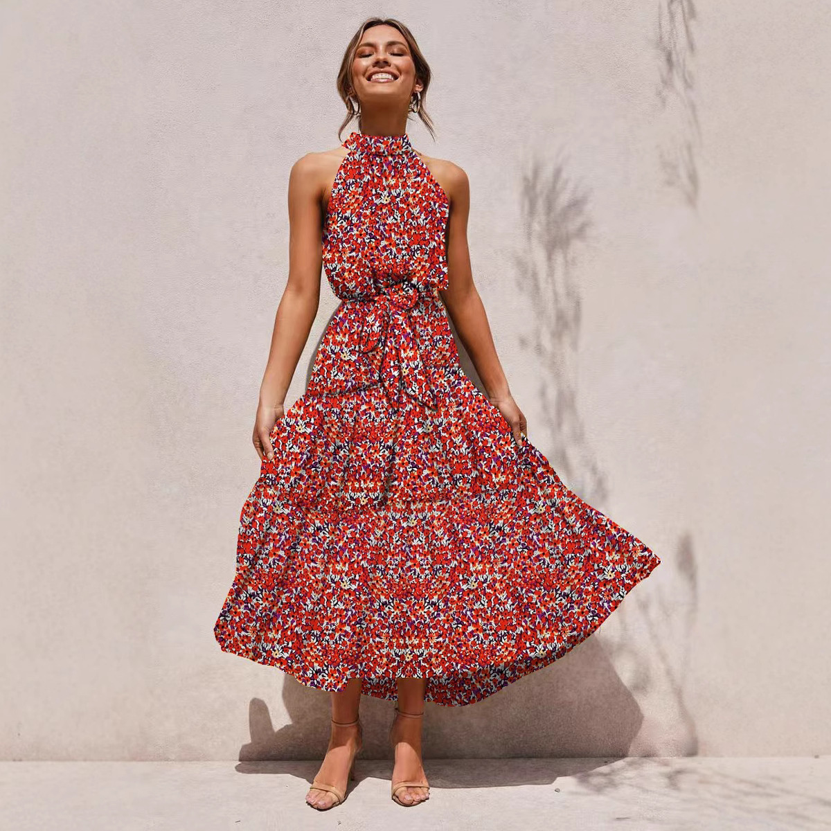 2025 European and American cross-border Amazon women's long skirt foreign trade hot-selling new halter neck polka dot print lace-up dress - Image 4