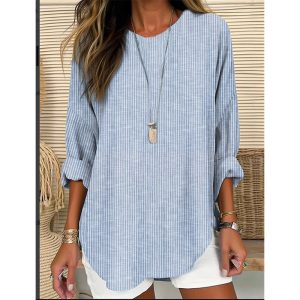 Amazon 2025 Spring New Fashion Woven Women's Retro Striped Loose Long Sleeve Crew Neck Top