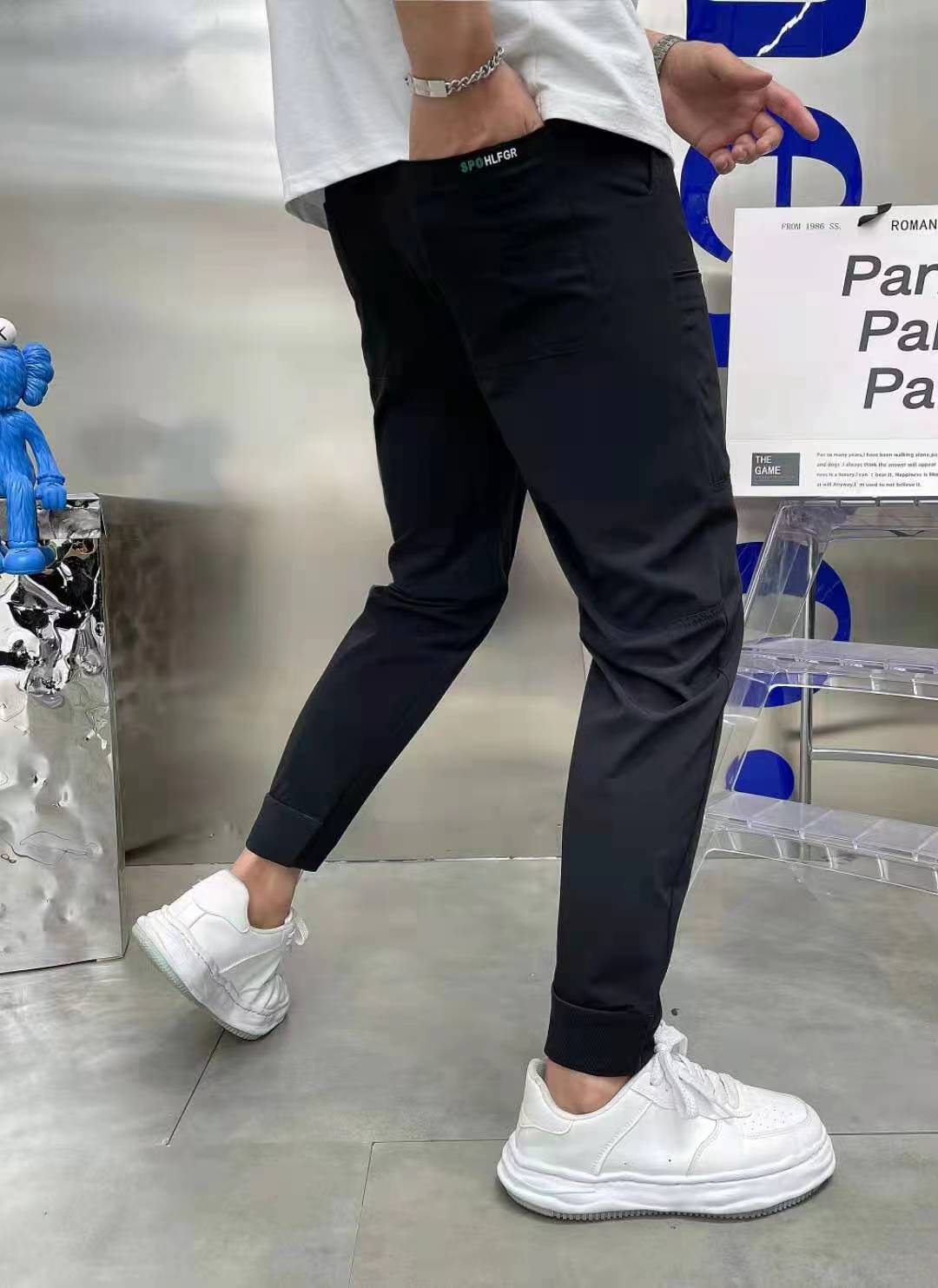 2022 Summer Ice Silk Spliced Six Pockets Embroidered High Elastic Men's Casual Pants Douyin Kuaishou Internet Celebrity Casual Pint Pants - Image 6