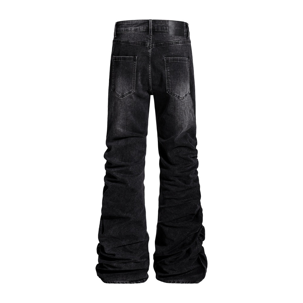 Niche design, heavy-duty pleated and gathered textured jeans for men, loose fit, trendy washed and distressed floor-length trousers. - Image 3