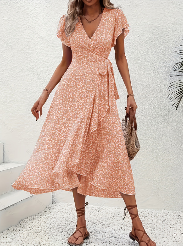 Independent Amazon cross-border e-commerce platform, floral print V-neck cardigan with tie-up short sleeves, bohemian style, full skirt, vacation dress - Image 11