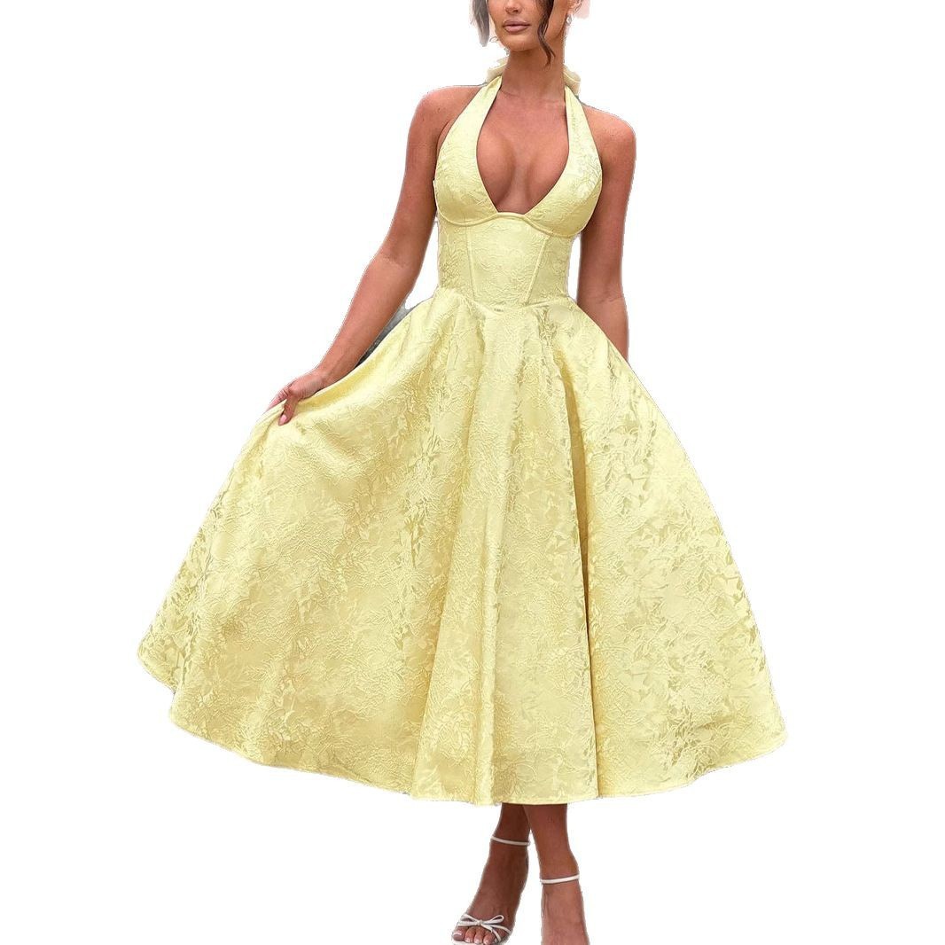 European and American cross-border V-neck halter neck jacquard dress high-end evening dress spring and summer temperament sleeveless backless waist long dress - Image 5