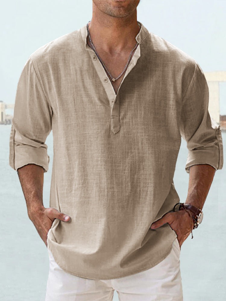 Summer New Casual Men's Loose Fit Stand Collar Sports Solid Color Long Sleeve Pure Cotton Shirt Plus Size Available - Image 7