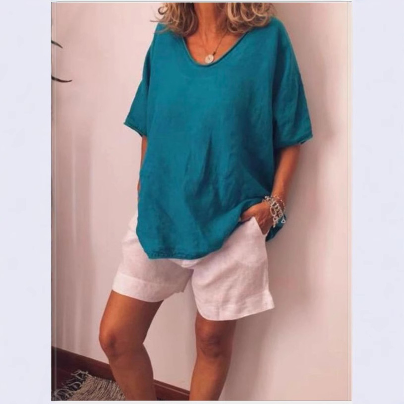 Cross-border e-commerce 2025 Amazon Europe and America Summer New Solid Color Loose Short Sleeve Casual Cotton Linen T-shirt - Image 5
